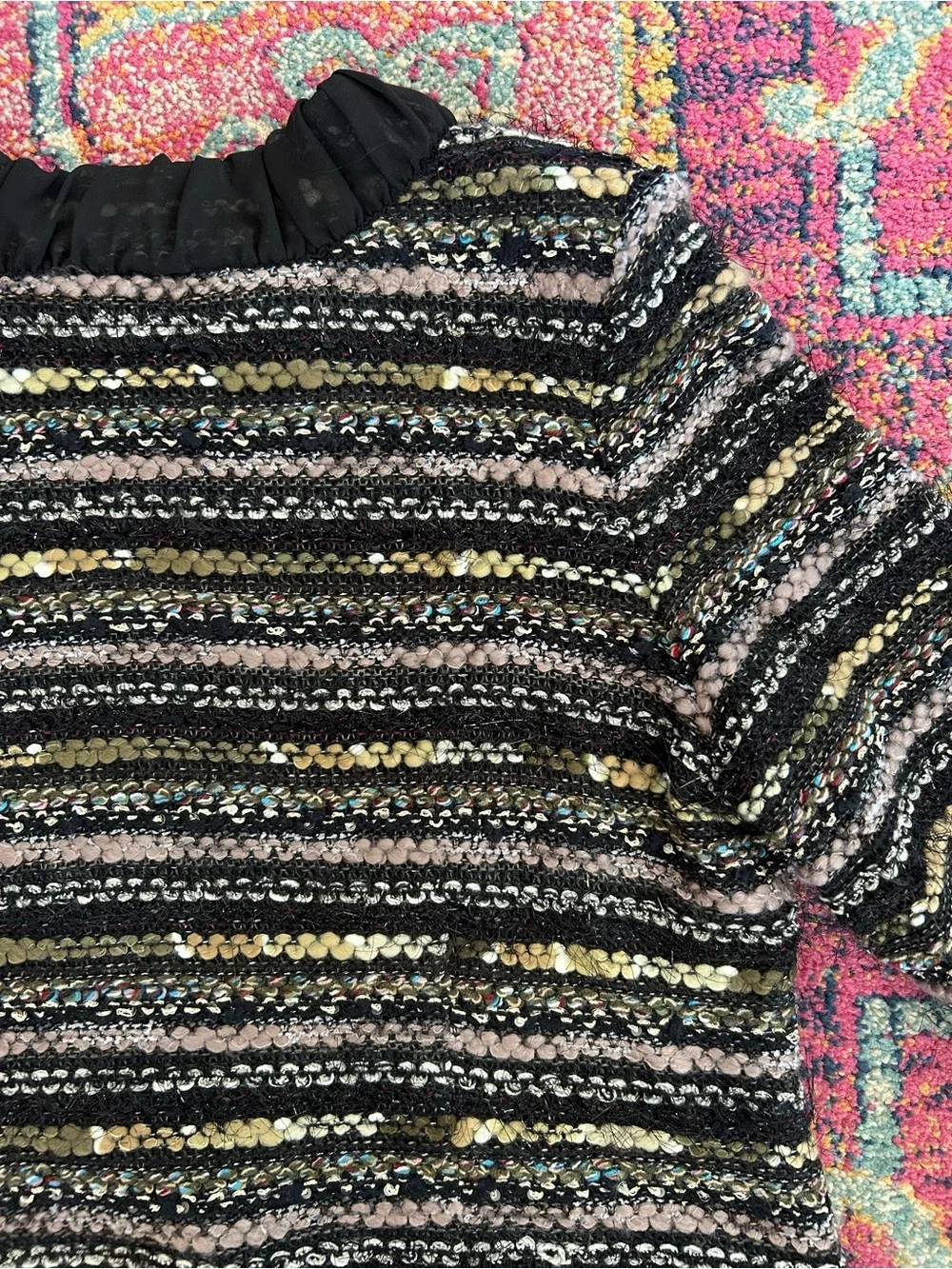 Misook | Women’s Black/Multi Knit Front Clasp Long Sleeve Collarless Blazer Sz S